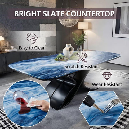 56"-96"Elegant Statement Dining Table, Blue Swirl Marble Top with Unique Sculptural Metal Base