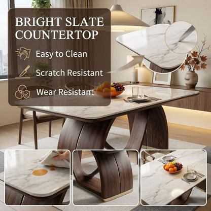 56"-96"Modern Dining Table, White Marble Top with Curved Walnut Wood Base for 4-6