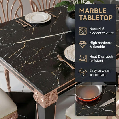 56"-96"Luxury Dining Table, Black Marble Top with Rose Gold Accents & Ornate Legs for 6