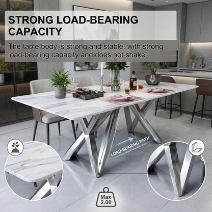 56"-96"White Marble Dining Table with Silver X-Base Legs for 6, Modern Kitchen