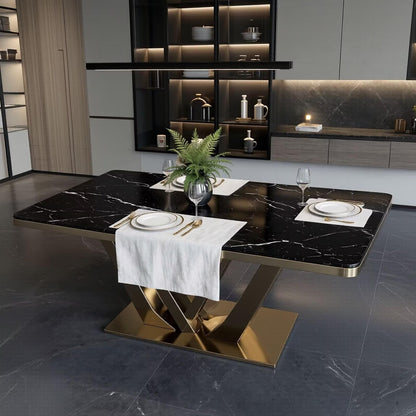 56"-96"Modern Luxury Dining Table, Black Marble Top with Gold Geometric Base for 6-8