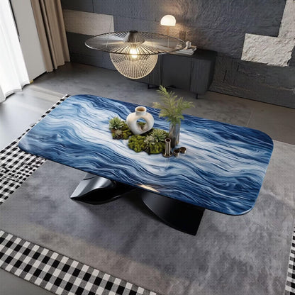 56"-96"Elegant Statement Dining Table, Blue Swirl Marble Top with Unique Sculptural Metal Base