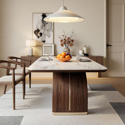 56"-96"Modern Dining Table, White Marble Top with Curved Walnut Wood Base for 4-6