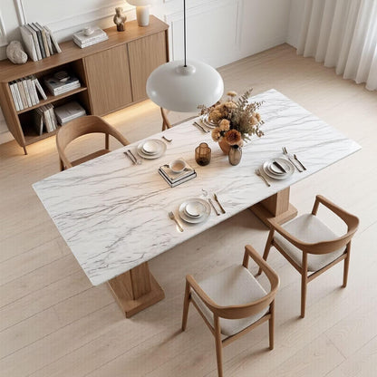 56"-96"Modern Scandinavian Dining Table, White Marble Top with Solid Oak Wood Base