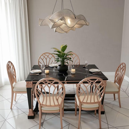 56"-96"Luxury Dining Table, Black Marble Top with Rose Gold Accents & Ornate Legs for 6