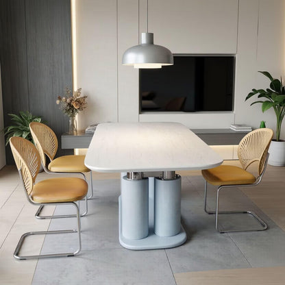 56"-96"Contemporary Artistic Dining Table, Rounded White Top with Unique Light Blue Column Base