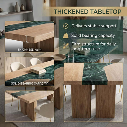56"-96"Contemporary Luxury Dining Table, Wood & Green Marble Top with Chunky Wood Base