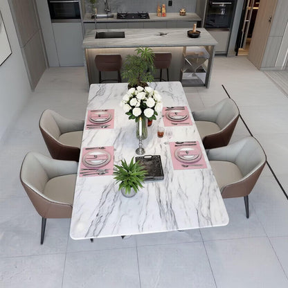 56"-96"White Marble Dining Table with Silver X-Base Legs for 6, Modern Kitchen