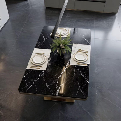 56"-96"Modern Luxury Dining Table, Black Marble Top with Gold Geometric Base for 6-8