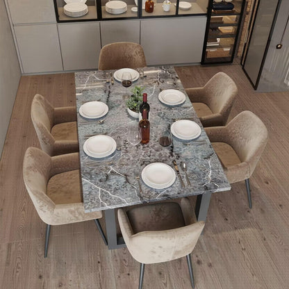 56"-96"Marble Dining Table Set with 6 Velvet Chairs, Modern Kitchen Table