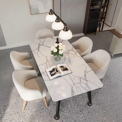 56"-96"Modern White Marble Dining Table with Black Metal Legs for 4-6 People