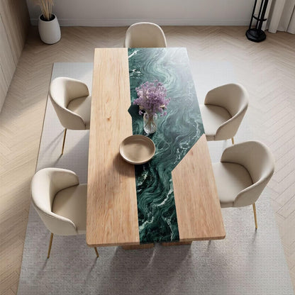 56"-96"Contemporary Luxury Dining Table, Wood & Green Marble Top with Chunky Wood Base