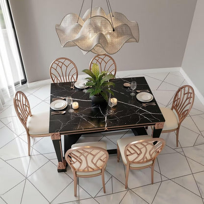 56"-96"Luxury Dining Table, Black Marble Top with Rose Gold Accents & Ornate Legs for 6