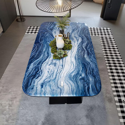 56"-96"Elegant Statement Dining Table, Blue Swirl Marble Top with Unique Sculptural Metal Base