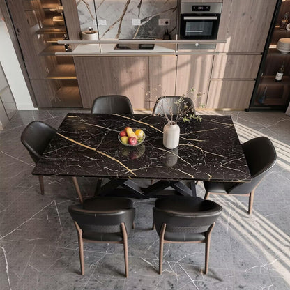 56"-96"Modern Industrial Dining Table, Black Marble Top with Crisscross Metal Base for 6