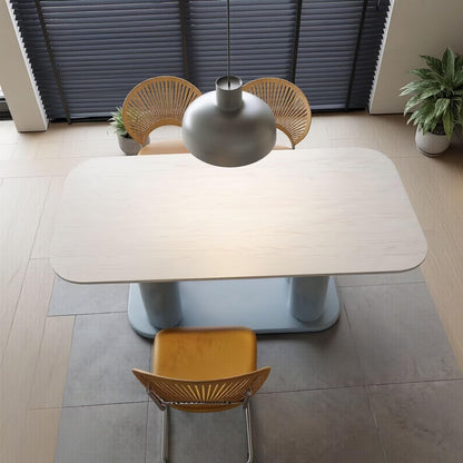 56"-96"Contemporary Artistic Dining Table, Rounded White Top with Unique Light Blue Column Base