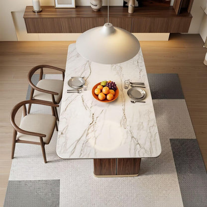 56"-96"Modern Dining Table, White Marble Top with Curved Walnut Wood Base for 4-6