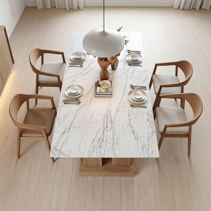 56"-96"Modern Scandinavian Dining Table, White Marble Top with Solid Oak Wood Base