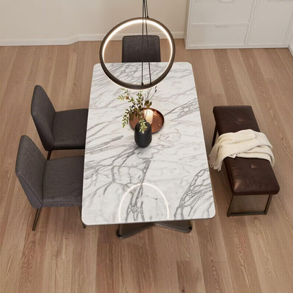 56"-96"White Marble Dining Table with Brushed Metal Bases, Modern Rectangular Kitchen Table