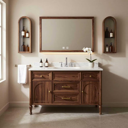 36"-64"Walnut Single Bathroom Vanity with Marble Countertop & LED Backlit Mirror