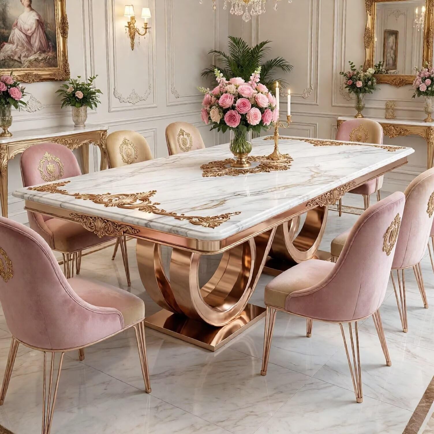56"-88"Luxury Marble Dining Table with Rose Gold Frame & Ornate Gold Inlays