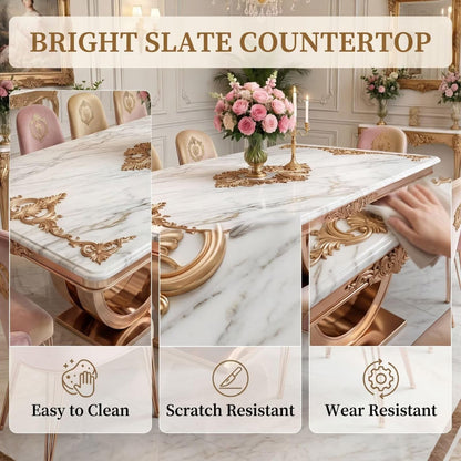 56"-88"Ornate Rectangular Marble Dining Table with Gold Accents & Rose Gold Base