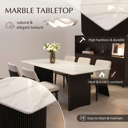 56"-88"Modern White Marble Dining Table with Black Fluted Base for 6 People