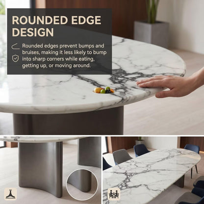 56“-88”Oval White Marble Dining Table with Dark Metal Base for 6-8 People