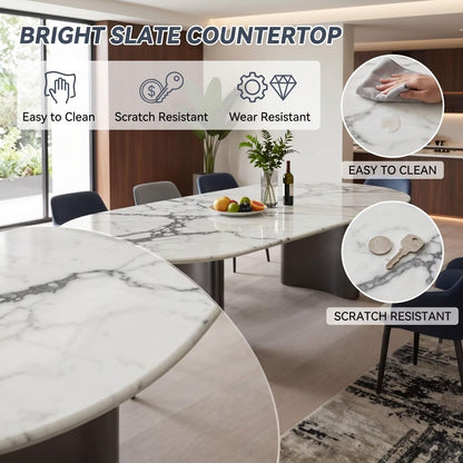 56“-88”Oval White Marble Dining Table with Dark Metal Base for 6-8 People