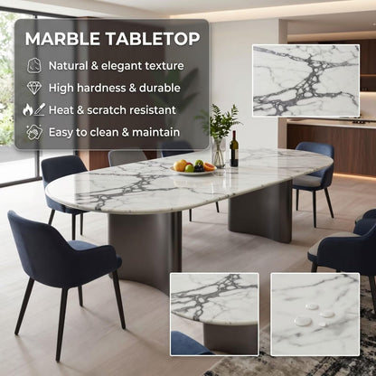 56“-88”Oval White Marble Dining Table with Dark Metal Base for 6-8 People