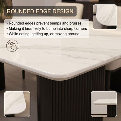 56"-88"Modern White Marble Dining Table with Black Fluted Base for 6 People