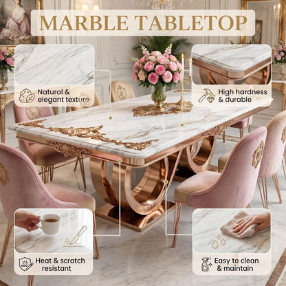56"-88"Ornate Rectangular Marble Dining Table with Gold Accents & Rose Gold Base