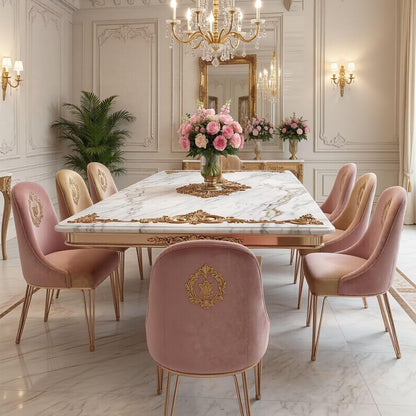 56"-88"Ornate Rectangular Marble Dining Table with Gold Accents & Rose Gold Base