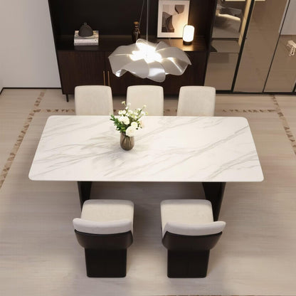 56"-88"Modern White Marble Dining Table with Black Fluted Base for 6 People