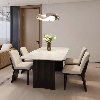 56"-88"Modern White Marble Dining Table with Black Fluted Base for 6 People