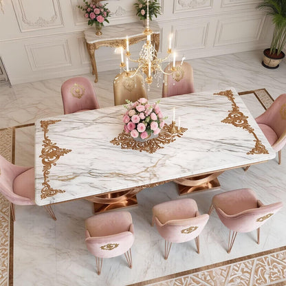 56"-88"Ornate Rectangular Marble Dining Table with Gold Accents & Rose Gold Base