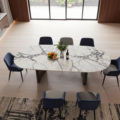 56“-88”Oval White Marble Dining Table with Dark Metal Base for 6-8 People