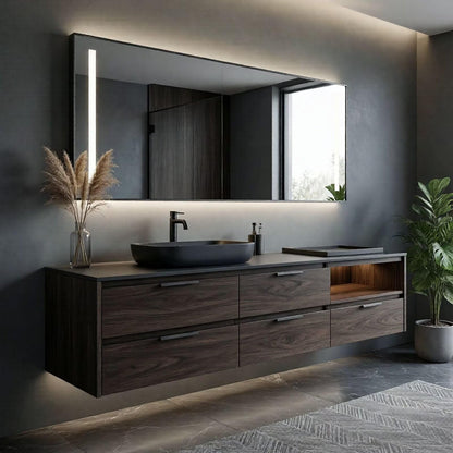 36"-64"Floating Dark Wood Bathroom Vanity with Black Vessel Sink & LED Mirror