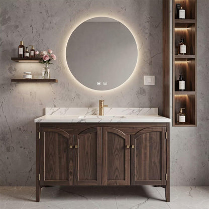 36”-58” Modern Dark Wood Vanity with Sink, Arched Doors & LED Smart Round Mirror