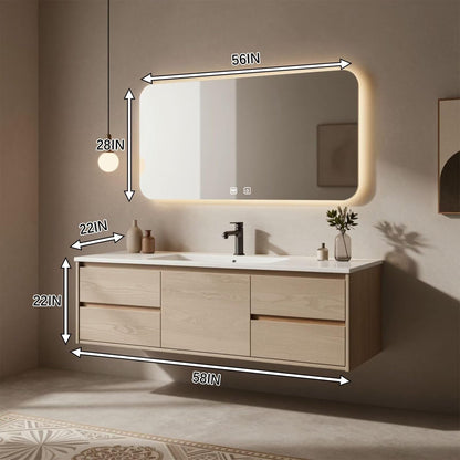 36"-64"Modern Floating Bathroom Vanity, Light Oak Single Sink Cabinet with Drawers