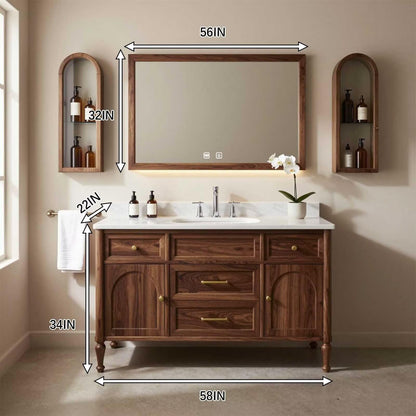36"-64"Walnut Single Bathroom Vanity with Marble Countertop & LED Backlit Mirror
