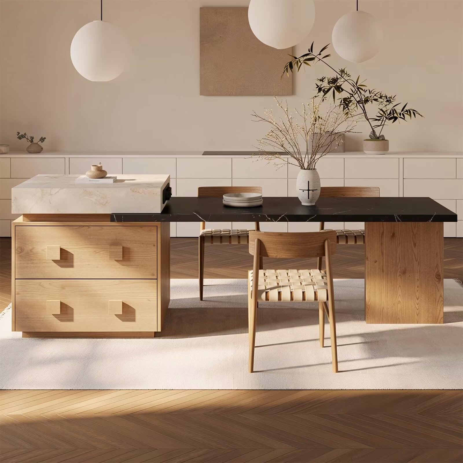 60"-79"Wood & Marble Kitchen Island with Integrated Dining Table & Storage Drawers