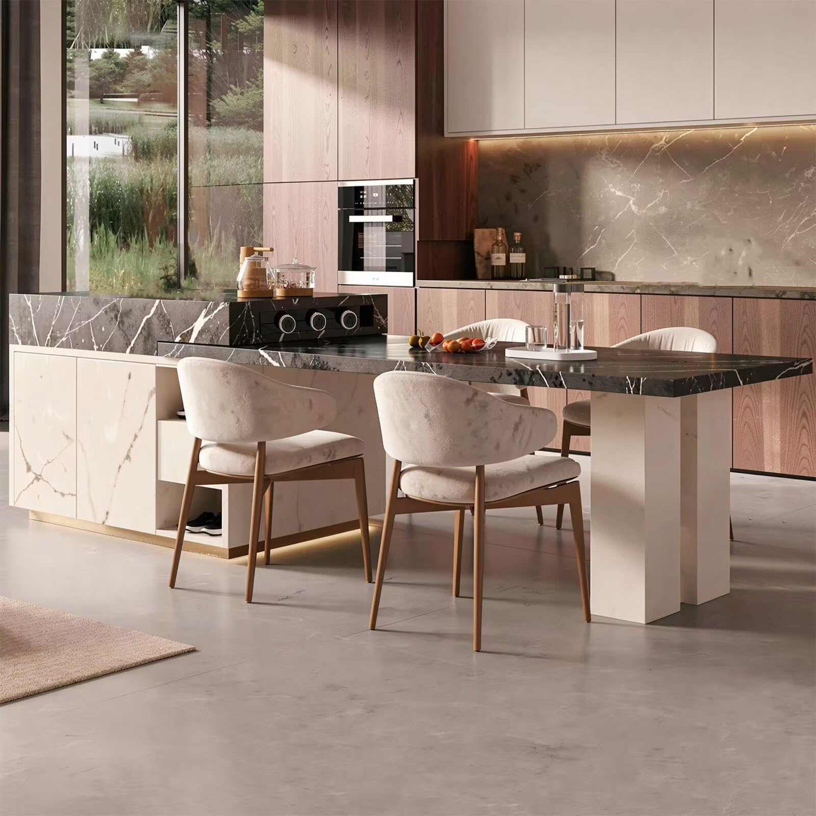 60"-79"Luxury Black Marble Kitchen Island with Dining Table, Built-in Power Station & Storage