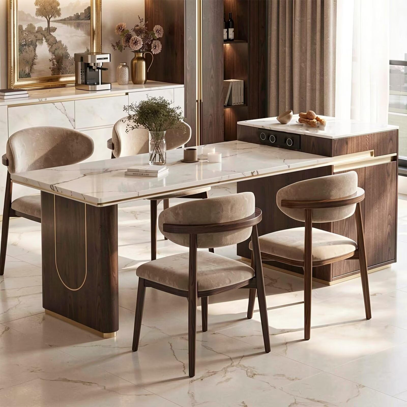 60"-79"Contemporary Marble & Walnut Kitchen Island with Built-in Outlets & Side Cabinet