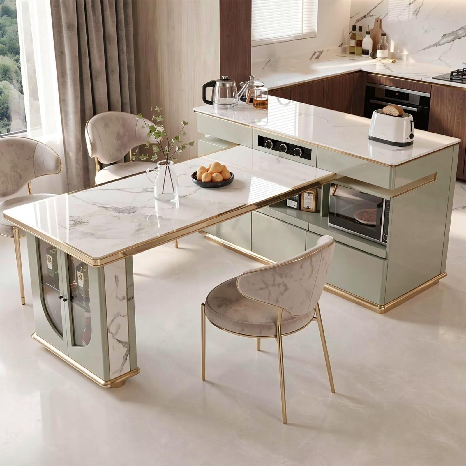 60"-79"Light Green Marble Kitchen Island Dining Combo with Built-in Outlets & Storage