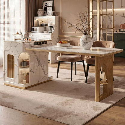 60"-79"Luxury Marble & Wood Kitchen Island with Integrated Dining Table & Tea Station