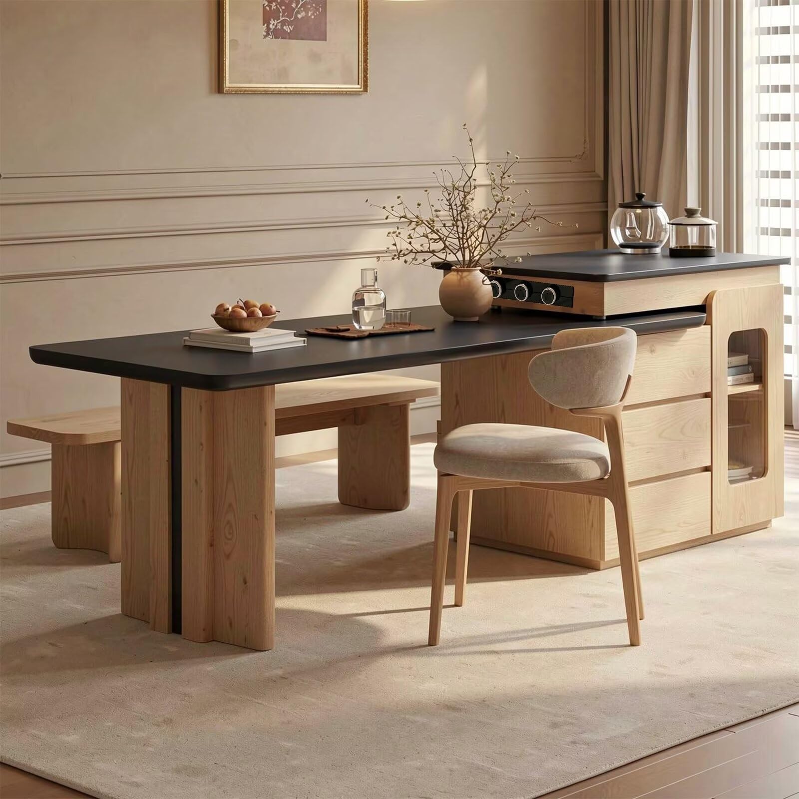 60"-79"Modern Wood Kitchen Island with Black Dining Table & Built-in Power Station