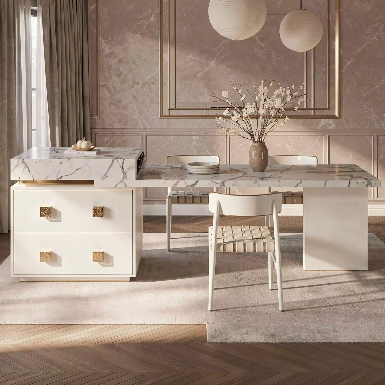 60"-79"Elegant Calacatta Marble Kitchen Island with Dining Table & Storage Cabinet