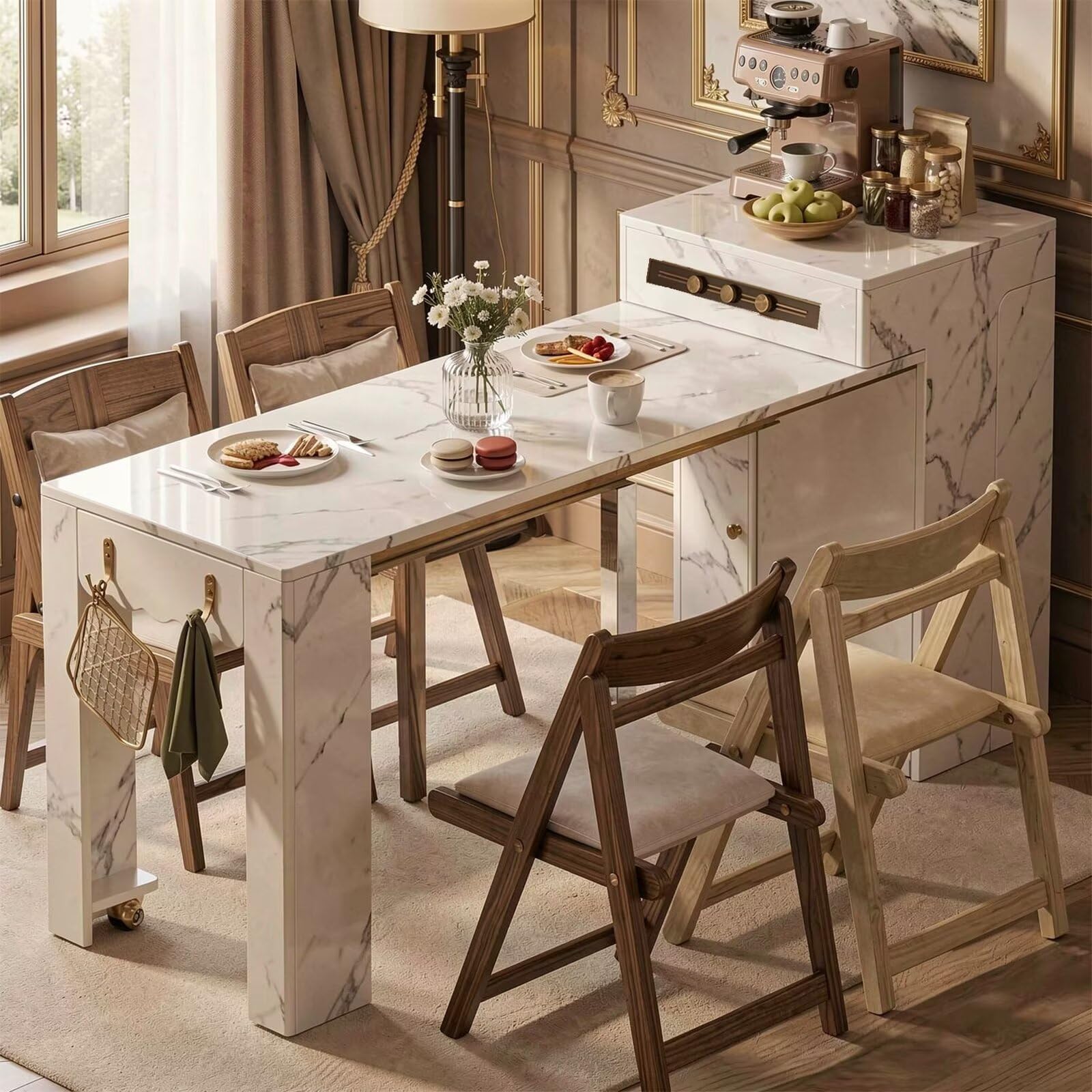 60"-79"Rolling Marble Kitchen Island Dining Combo with Built-in Power Strip & Coffee Station