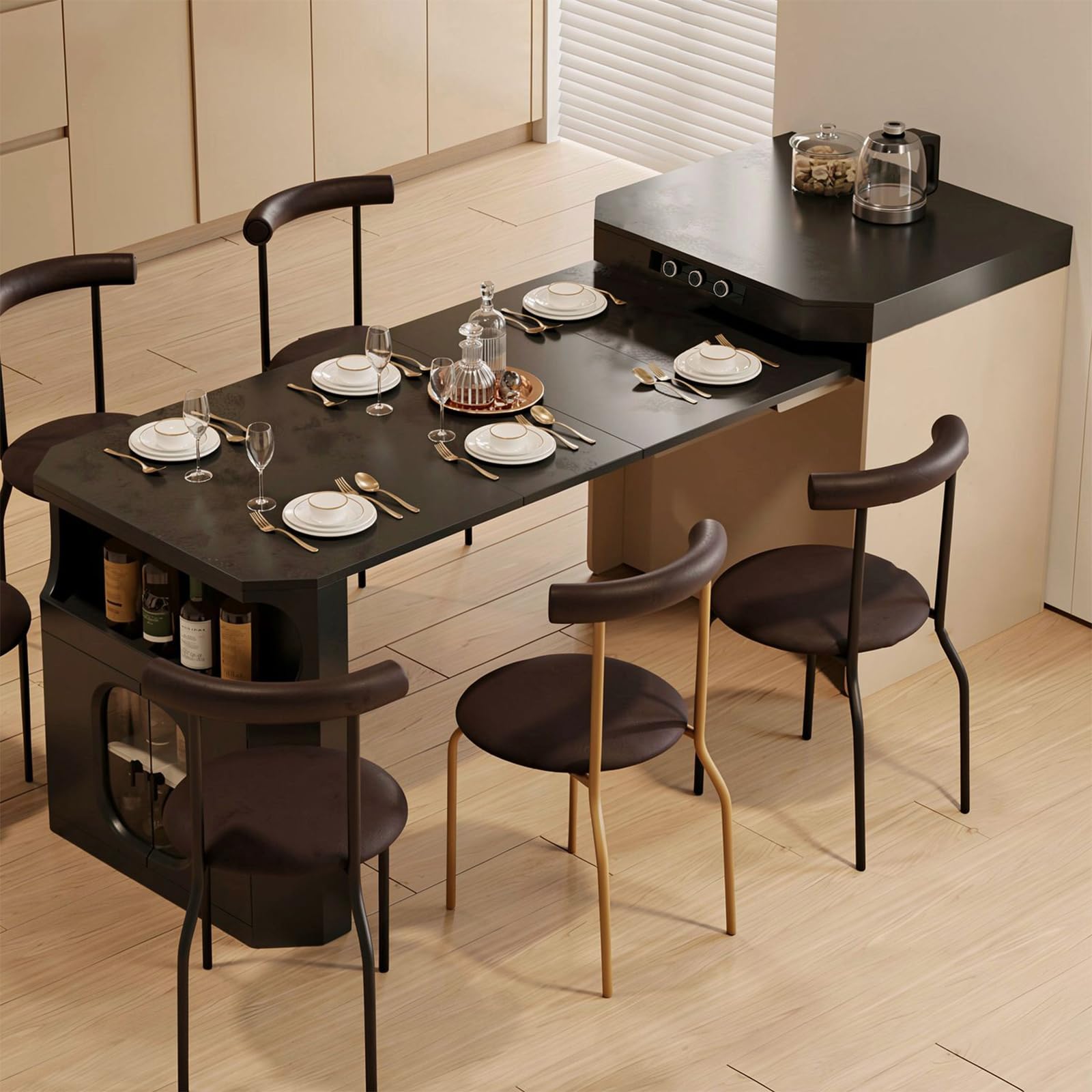 60"-79"Contemporary Kitchen Island Combo with Dining Table, Wine Storage & Power Outlets